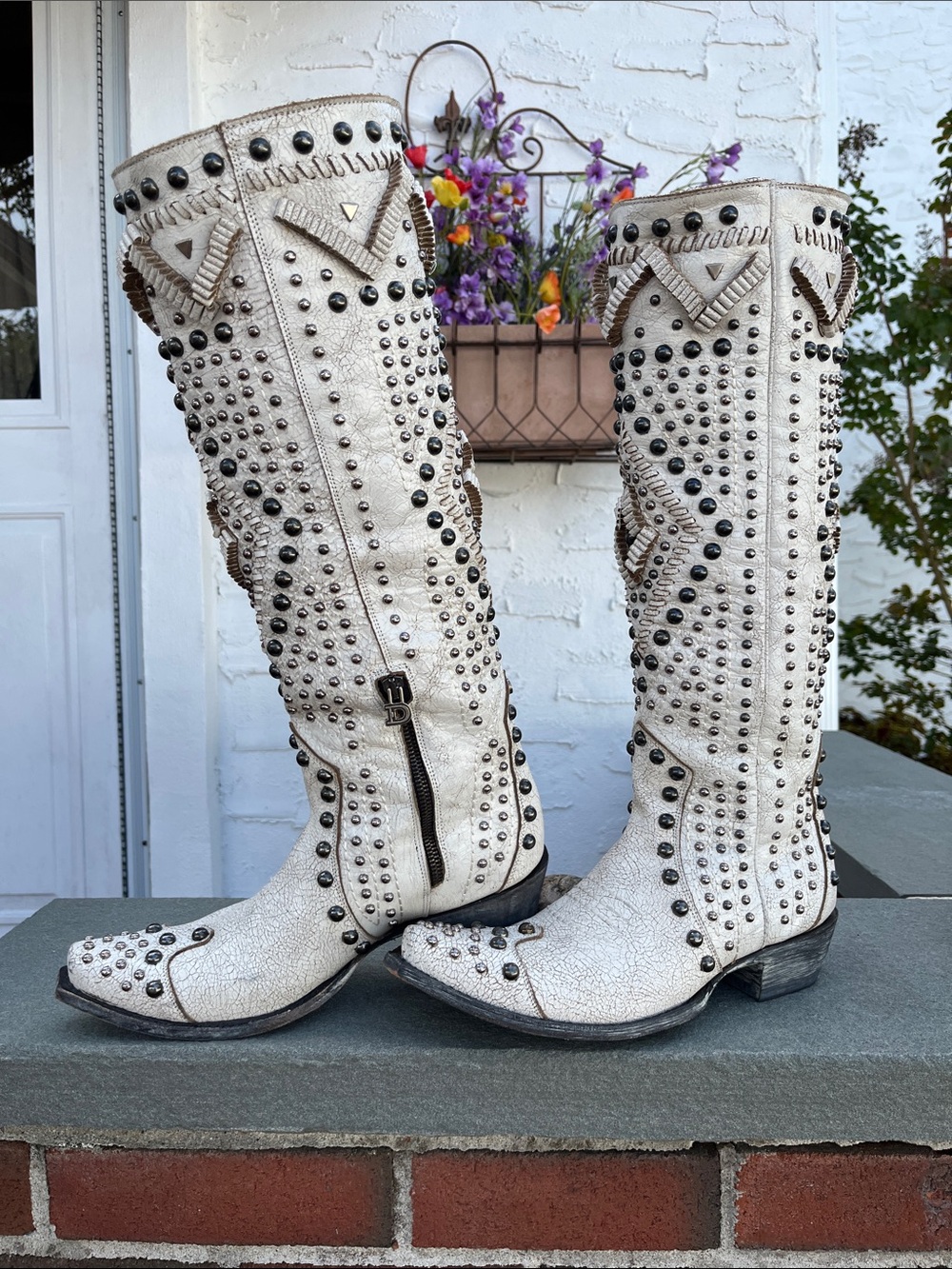Double D Ranch White Studded Knee-High Western Boots